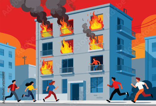 People flee a burning apartment building with flames and smoke engulfing multiple floors