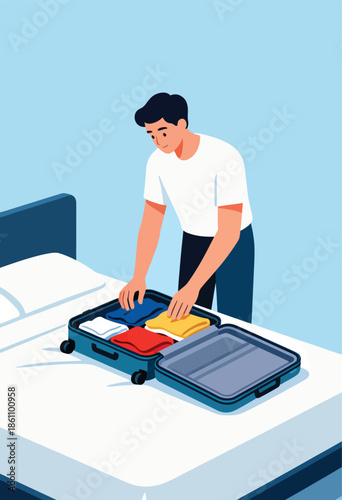 Person packing a blue suitcase with colorful folded clothes on a bed