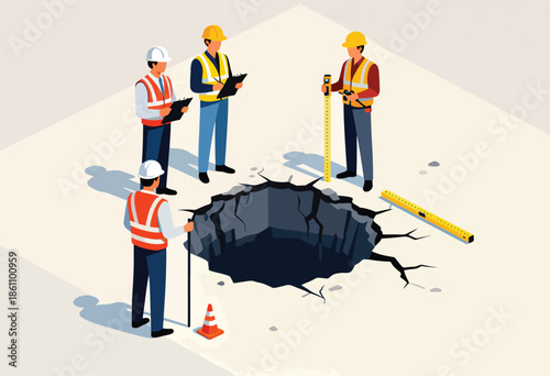 Four workers in hard hats and vests examine a large sinkhole on a flat surface
