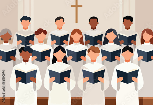 Diverse group sings from books in front of a cross