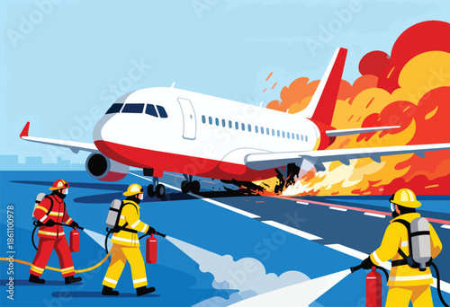 Firefighters battle a blazing plane crash on an airport runway