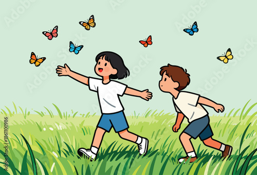 Two children in a grassy field chase colorful butterflies in the sky