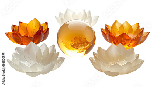 Lotus flowers frame a central sphere, all glowing on a dark backdrop