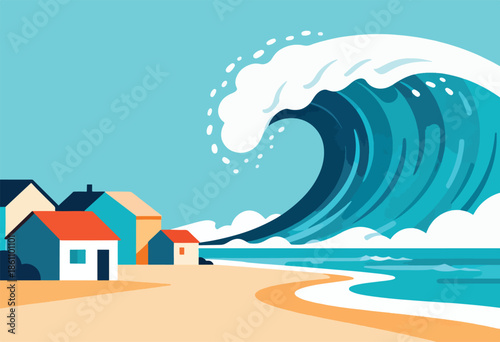 A massive wave looms over a small coastal village
