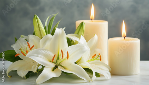 White lilies and lit candles arranged on a marble surface against a grey backdrop. This scene evokes peace and remembrance for a funeral or memorial service.