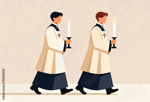 Two figures in ceremonial robes walk, holding lit candles