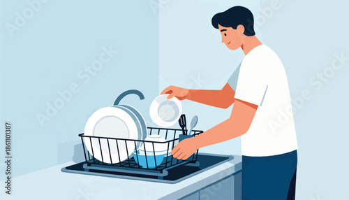 Person placing dishes in a rack to dry