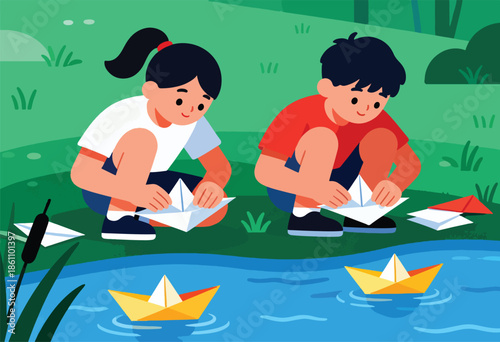 Two children launch paper boats on a gentle blue stream surrounded by greenery