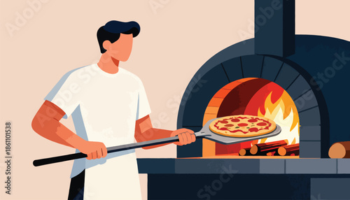 Man uses peel to place pizza in a wood-fired oven with flames