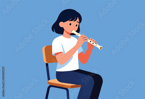 A young person plays a recorder while sitting on a chair