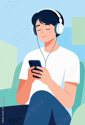 Person with headphones and phone, eyes closed, enjoying music