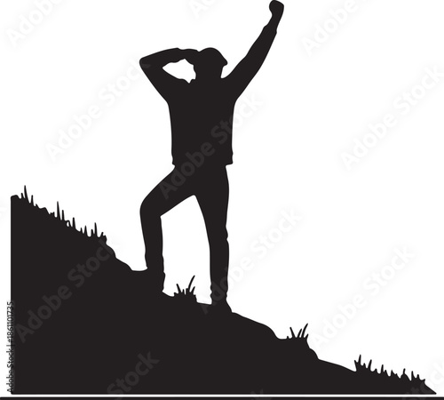 Triumphant man silhouette on hill, achievement and success concept.