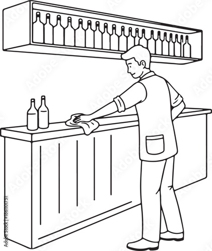 Bartender Cleaning Bar Counter Line Art Illustration for Hygiene and Preparation