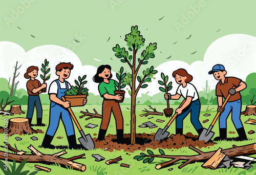 Diverse people plant trees, surrounded by felled logs, symbolizing renewal and nature's recovery