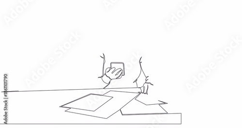 Self drawing line animation Accountant Woman Work on Table with paper, and calculator continuous one single line drawn concept video