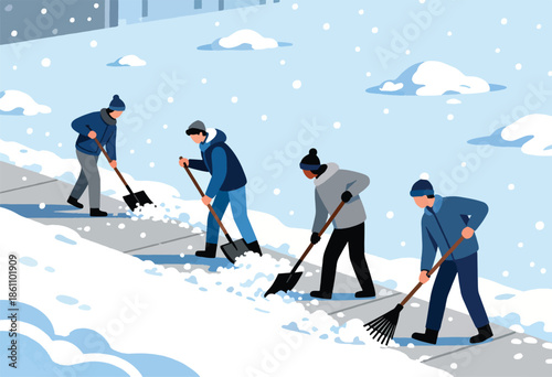 People shoveling and raking snow from a sidewalk on a winter day