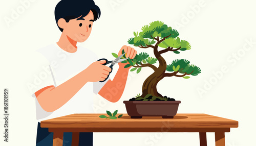 A person trims a bonsai tree on a wooden table