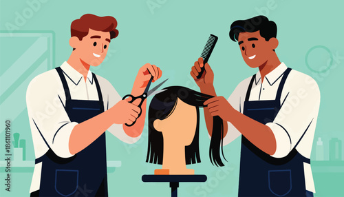 Two stylists trim and comb a mannequin's hair in a salon