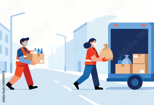 Masked individuals delivering packages from a truck in an urban setting