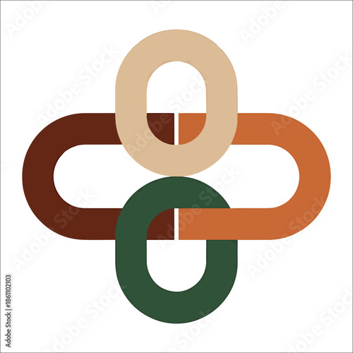 Title: Abstract geometric shapes in brown and green colors forming interconnected loops