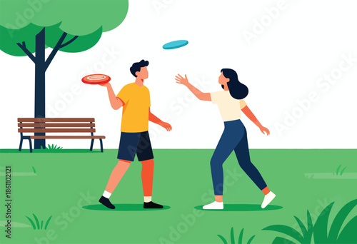 A man and woman play frisbee in a park with a bench and tree
