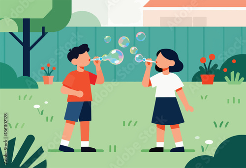 Kids blowing bubbles in a backyard with trees, flowers, and a house