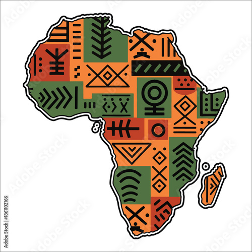 Title: Colorful geometric patterns on a map of Africa with traditional symbols and