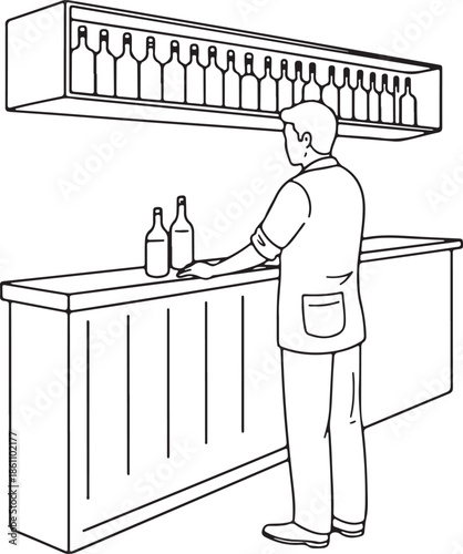 Bartender Standing Behind Bar Counter with Bottles Line Art Illustration
