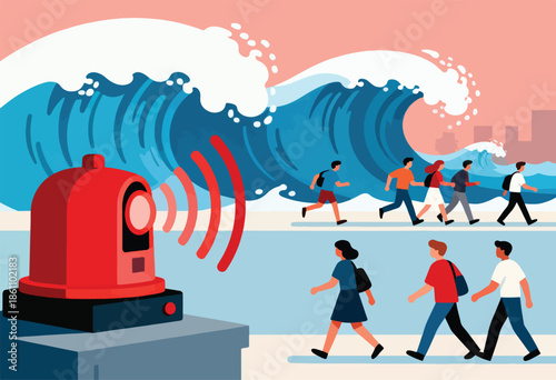 A giant wave threatens a city as people run from a siren