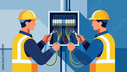 Two technicians connect fiber optic cables to a network panel