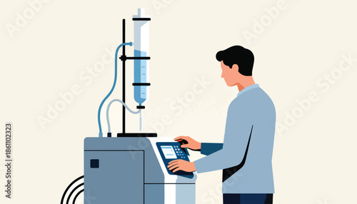 Person operating complex laboratory equipment with calibrated liquid in a tube