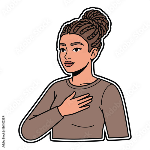 Title: Woman with braided hair and hand on chest wearing a brown shirt and black pants