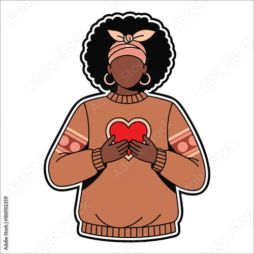 Title: Woman with curly hair wearing a brown with a heart and holding her hands together