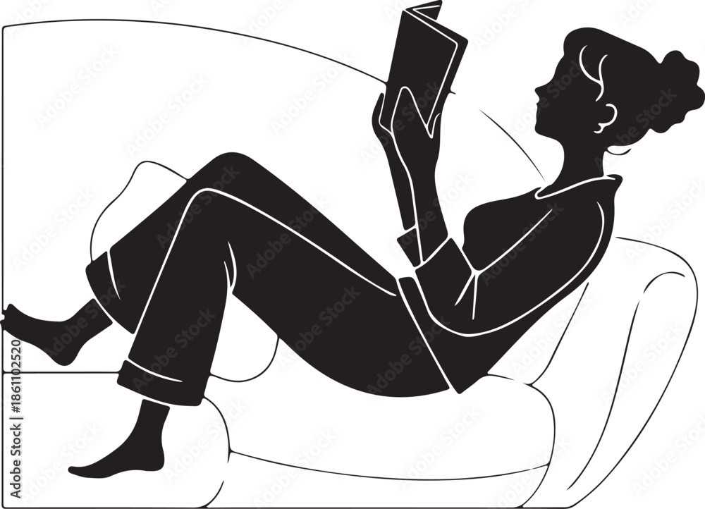 Fototapeta premium Black Silhouette of Woman Reading a Book while Relaxing on a Sofa or Couch