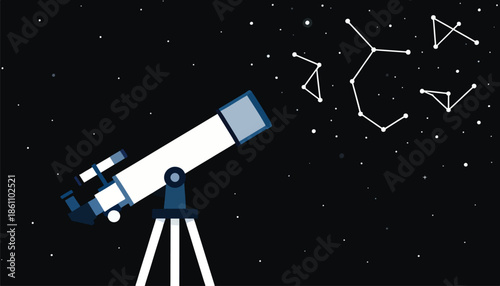 A telescope observes constellations and stars against a dark, starry sky