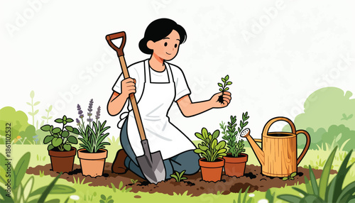 Woman planting herbs in garden with shovel, watering can, and potted plants