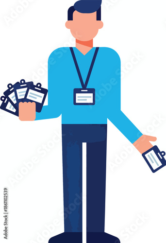 Person with lanyards and badges, holding clipboards