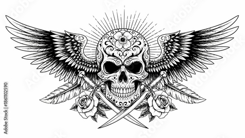Winged Skull Emblem with Radiant Halo and Swords.