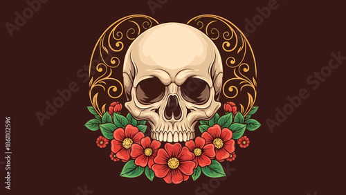 Floral Skull Illustration with Vibrant Red Flowers.