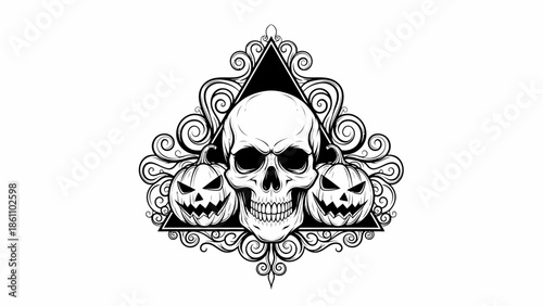 Intricate Skull with Decorative Pumpkins in Ornate Circle.