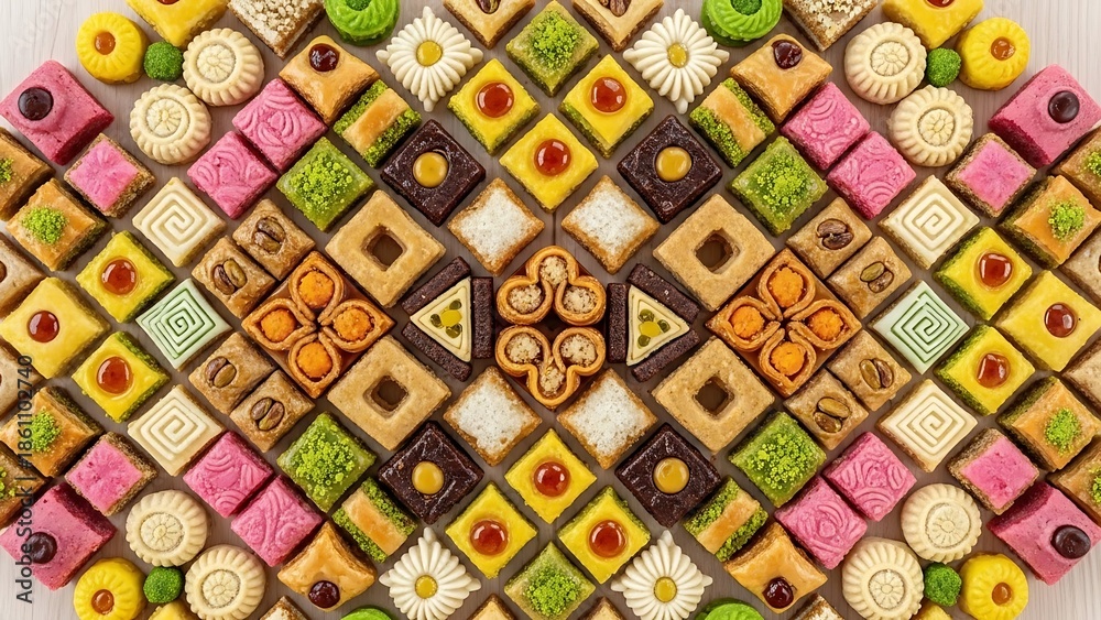 Fototapeta premium A vibrant display of assorted sweets in a colorful arrangement, evoking the feeling of indulgence and deliciousness
