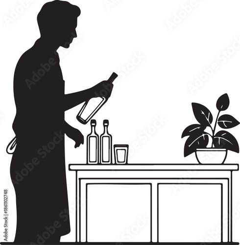 Bartender Silhouette Pouring Liquor Bottle Over Bar Counter Minimalist Illustration