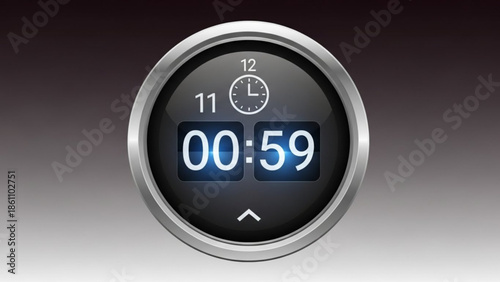 Modern digital clock face with silver border and dark background showing 11 59 on gradient background