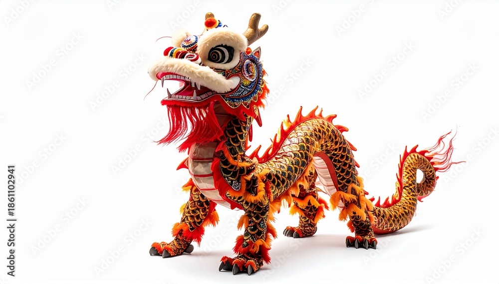 Fototapeta premium Ultra realistic Chinese dragon Liong dance costume, full length body, intricate scale details, traditional ornaments, dramatic yet clean lighting, isolated on white background, extremely detailed, com