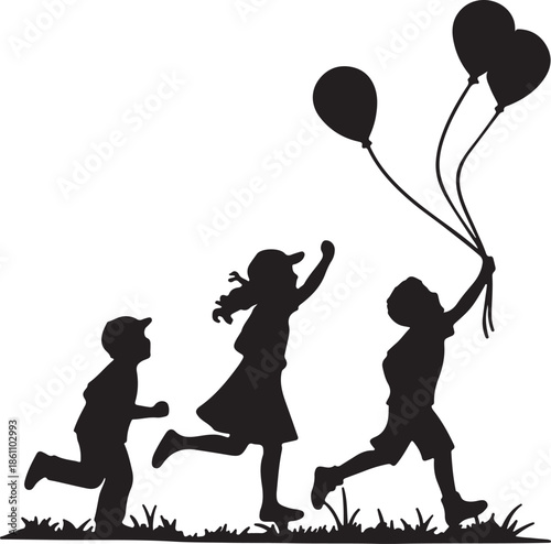 Black silhouette illustration of kids playing with balloons and running