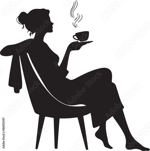 Black silhouette of a woman sitting relaxed and drinking a hot beverage
