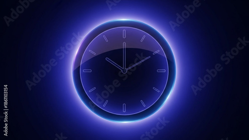 Glowing blue clock face with neon light on dark blue background, time management, deadline, urgency, modern design