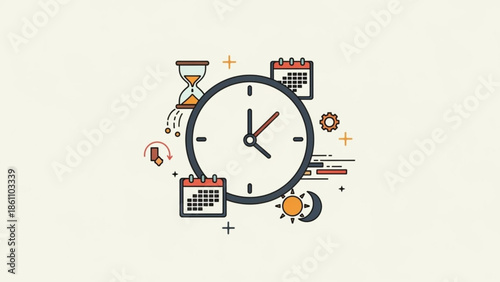 Time management illustration with clock, calendar, hourglass, and scheduling elements, productivity concept, time organization, deadline reminder