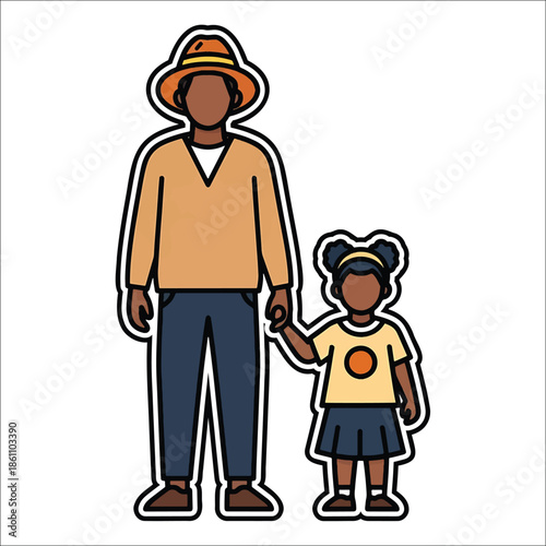 Title: A man wearing a brown hat and tan sweater holding hands with a young girl in a yellow