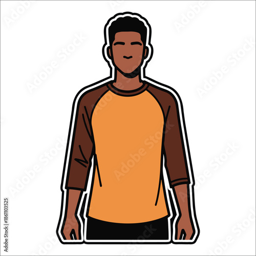 Title: A person wearing a brown and orange long-sleeved shirt with a smiling face and short hair